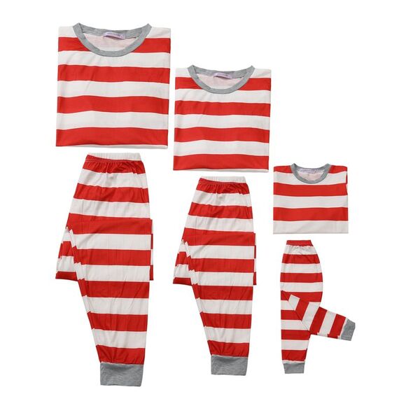 Kids Xmas Pajama Set Striped Winter Christmas Sleepwear Set Red - Picture 3 of 4